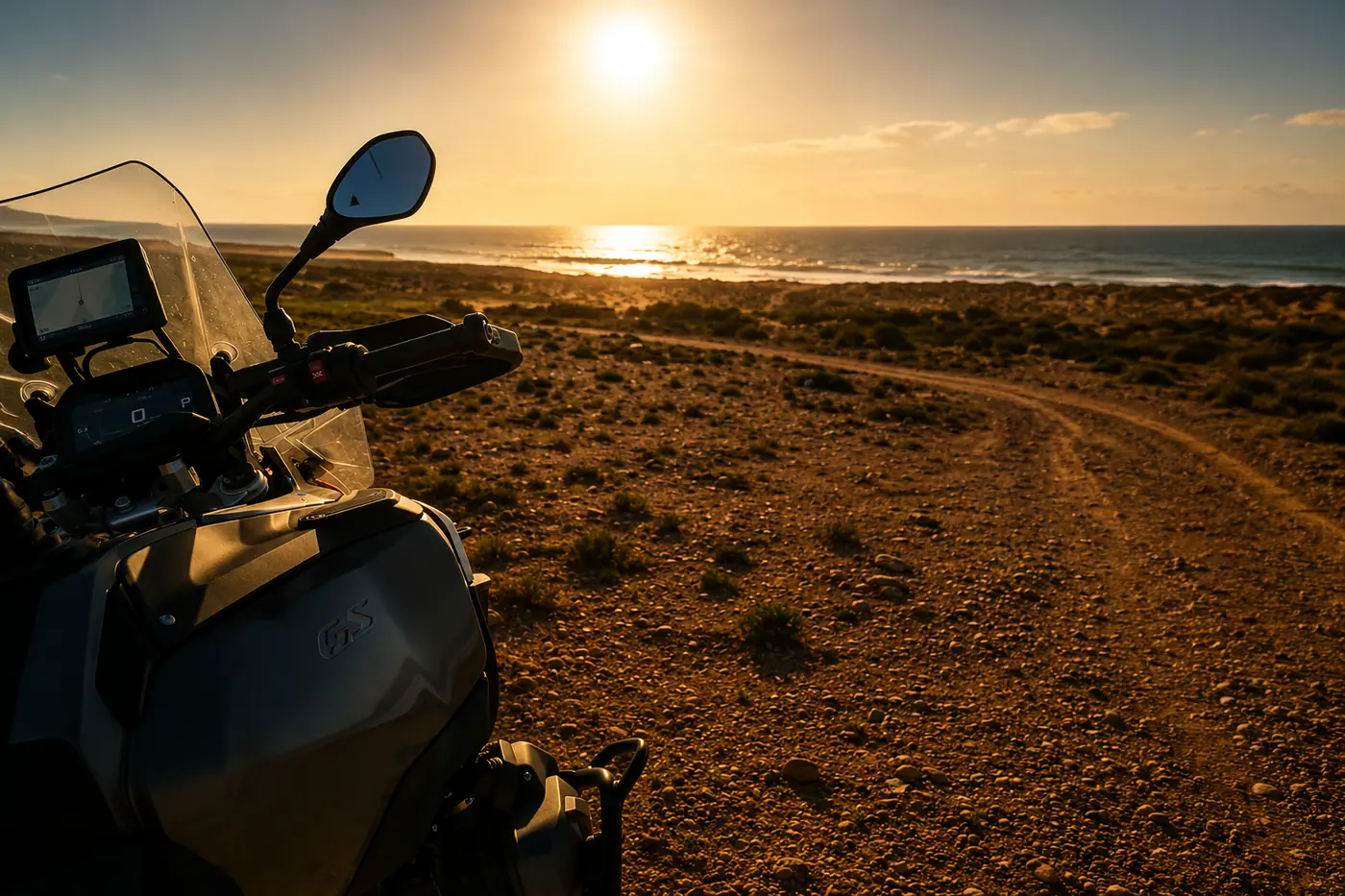 Depuis la selle, une piste de terre qui longe le littoral atlantique au soleil couchant