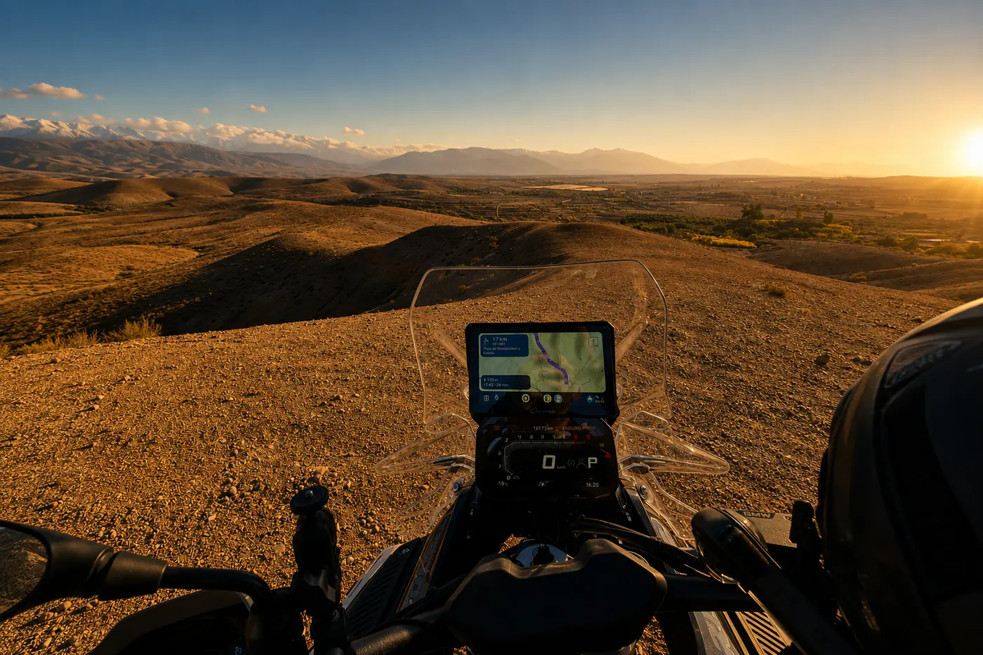 Depuis la selle, un plateau désertique au crépuscule, sommets enneigés de l'Atlas à l'horizon