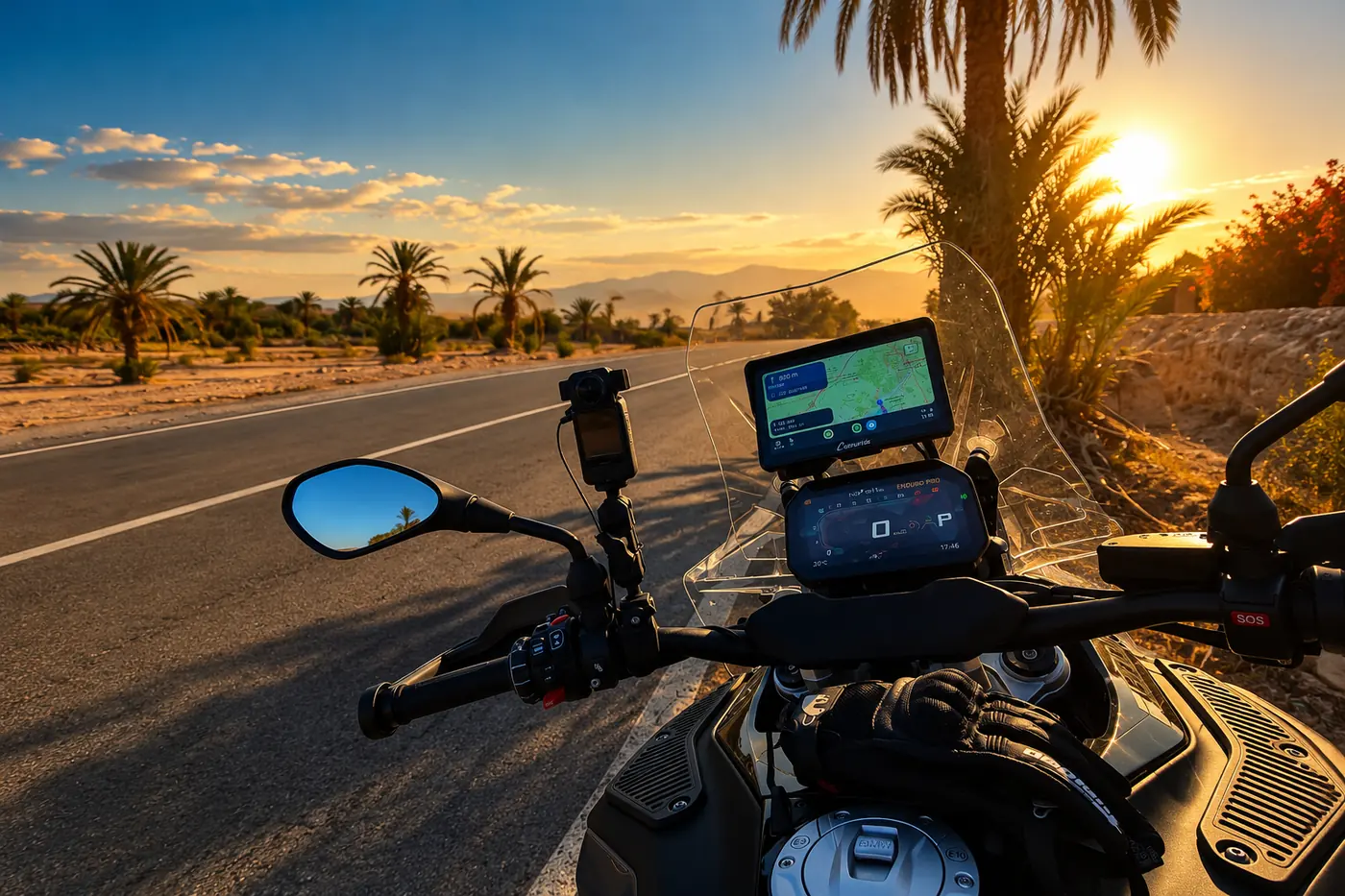 Depuis la selle, une route bordée de palmiers au soleil couchant, GPS et compteur allumés