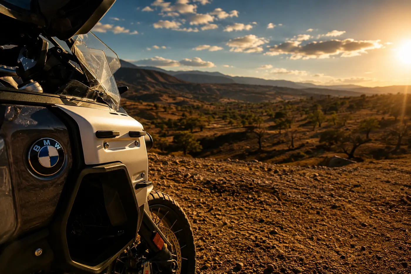 La GS 1300 Adventure de trois quarts avant au soleil couchant, face à la plaine d'arganiers